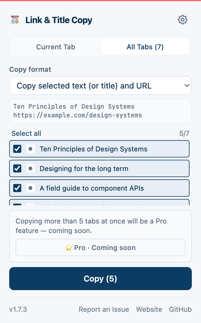 The popup in All Tabs mode, with open tabs listed and five selected ready to copy