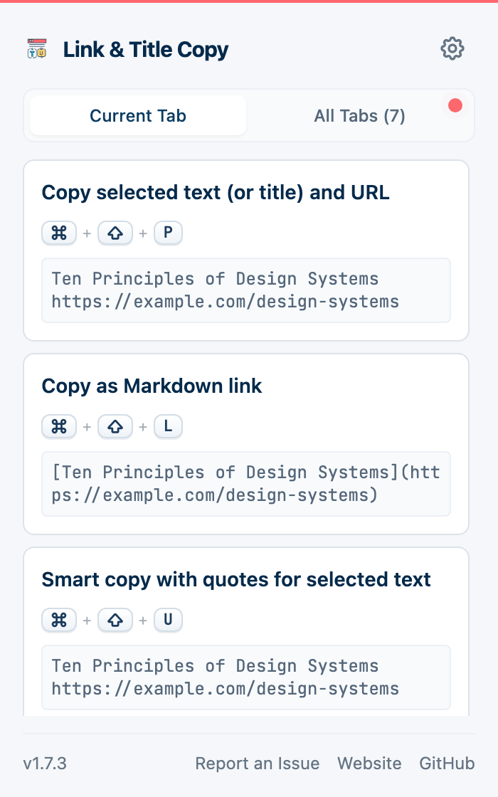 The extension popup listing three copy formats, each with its keyboard shortcut and a preview of the result