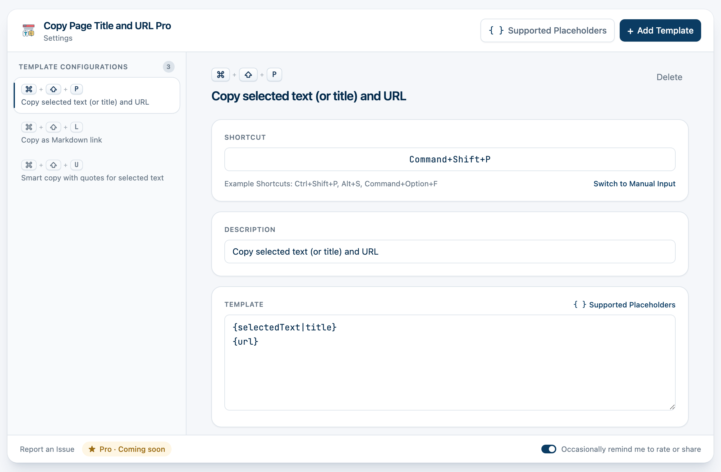 The settings page: template list on the left, editor on the right showing a shortcut, description and template with live preview